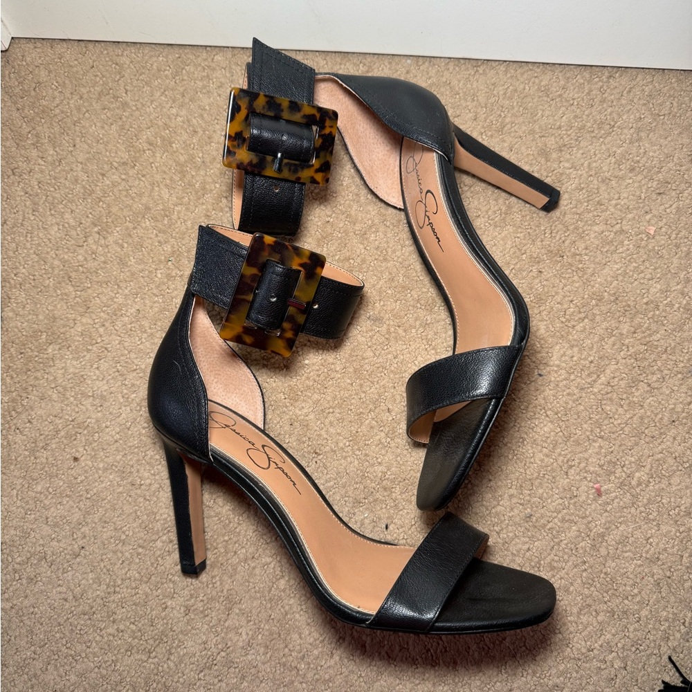 Jessica Simpson Black Heeled Sandals with Tortoise Buckle - Picture 2 of 3